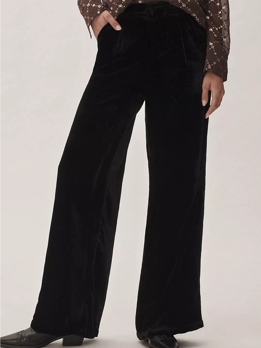 Anthropologie Black Wide Leg Velvet Pants NWT